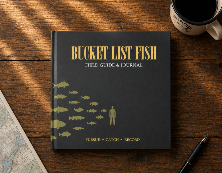 Every image on the page should have descriptive alt text. For example:

Bucket List Fish hardcover fishing field guide and journal
Bucket List Fish open to the 48 Fish Checklist
Largemouth bass field guide page in Bucket List Fish
Hand writing fishing notes in Bucket List Fish journal
Premium hardcover fishing journal on angler's desk
Blue marlin species spread in Bucket List Fish