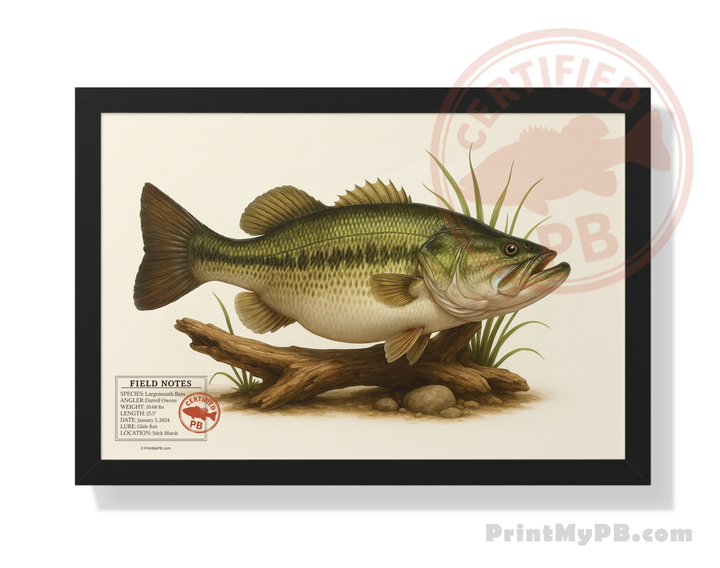 FULL-SIZE Custom Largemouth Bass Personal Best Print - Vintage Field Guide Print