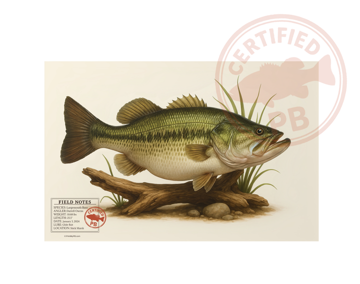 FULL-SIZE Custom Largemouth Bass Personal Best Print - Vintage Field Guide Print