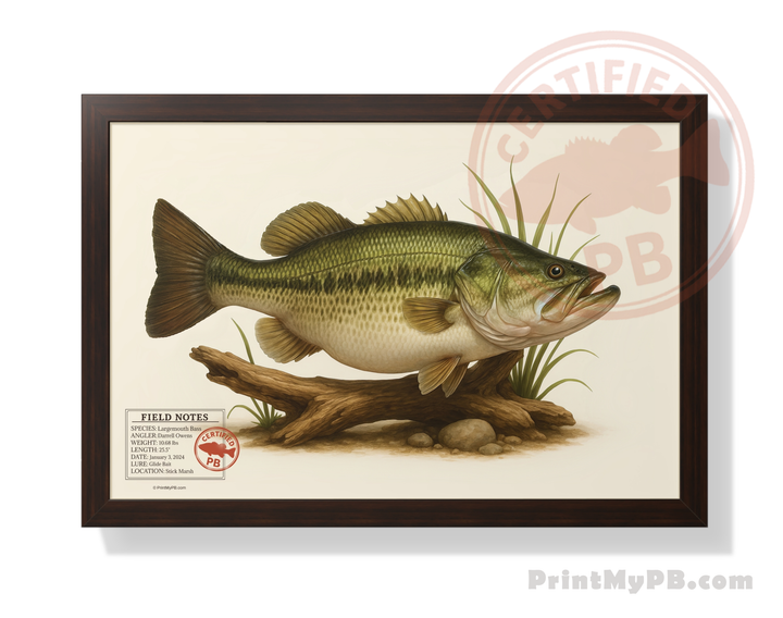 FULL-SIZE Custom Largemouth Bass Personal Best Print - Vintage Field Guide Print