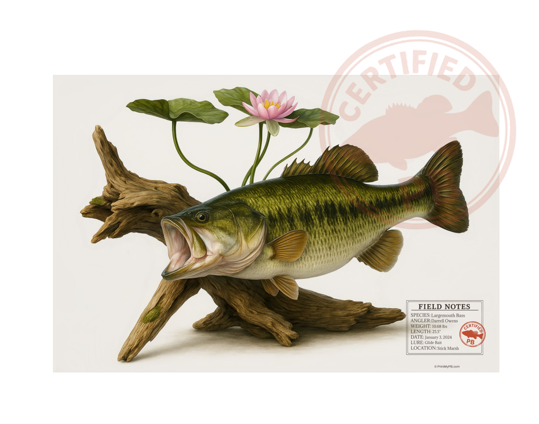 FULL-SIZE Custom Largemouth Bass Personal Best Print - Vintage Field Guide Print